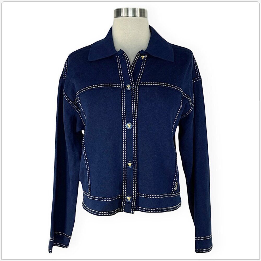 Escada Navy Knit Metallic Gold Topstitch Elephant Buttons Denim Look Jacket 38